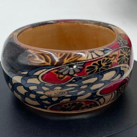 Vintage Lucite Paisley Wide Black Red Retro Floral Chunky Smooth Bangle Bracelet - Picture 5 of 8